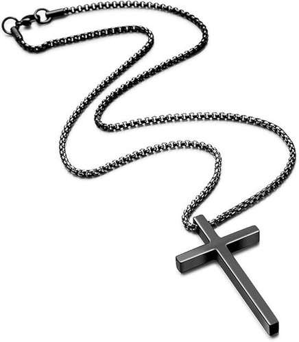 Collar Cruz para Hombre, Negro Acero Inoxidable Cruz Lisa 16 Pulgadas - Imagen 3 de 6