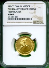 EGYPT  NGC MS 69  BARCELONA OLYMPICS FIELD HOCKEY  GOLD 50P  MINTED 49 VERY RARE