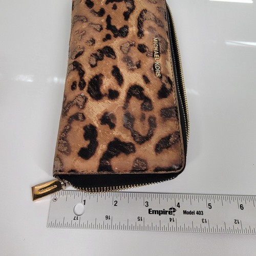 Michael Kors Jet Set Calf Hair Leather Wristlet Wallet Zip Around Leopard Clutch - Picture 14 of 14