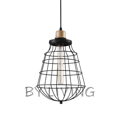 Modern vintage minimal Wood Timber Metal cage hanging ceiling pendant light - Picture 3 of 4