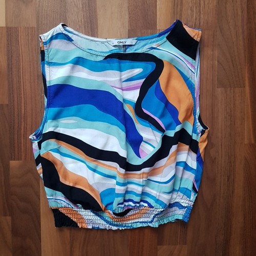 Sommertop Shirt Oberteil bauchfrei blau weiß orange Größe S