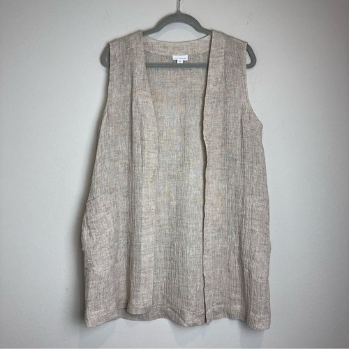 J. Jill Crinkle Linen Duster Long Vest Cardigan Open Front Size Medium Petite