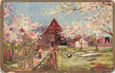 Gilt Embossed Bicycle Rider-Path through Orchard~1909 pstmk New City NY POSTCARD