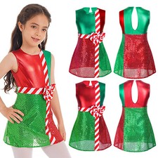 US Girls Christmas Dance Costumes Xmas Elf Fancy Dress Up Sequins Ballet Dress