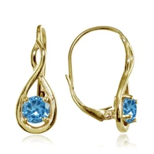 Gold Tone over Silver Simulated Blue Topaz 5mm Round Infinity Leverback Earrings