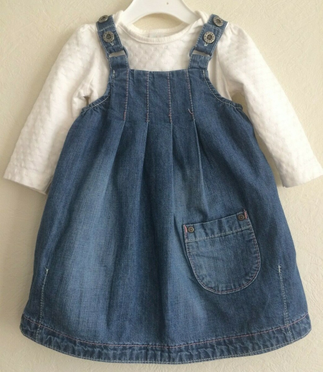 Next denim pinafore dress and vest outfit, blue/ivory, aged 6/9 months
