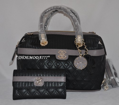 GUESS Merci Quilted Large Satchel Bag Purse Handbag Sac Wallet Set 4G Charm New - Picture 2 of 2