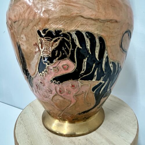 VTG Brass Cloisonné Vase Hand Painted Tiger Deer Bird Animals Tree Large READ - Picture 8 of 24