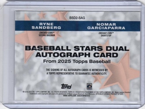 2025 Topps Series 2 RYNE SANDBERG NOMAR GARCIAPARRA Baseball Stars Dual Auto /10 - Picture 2 of 2