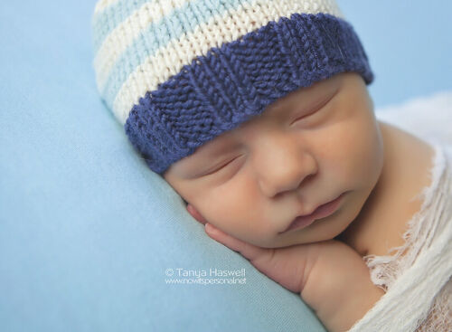 Hand Knitted Baby Hat Beanie Prop Cashmerino Boy Nautical Blue Early Newborn-12M - Picture 7 of 11