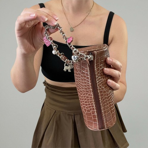 Vintage Y2K Brown Charm Bracelet Wristlet Embossed Croc Mini Bag - Picture 4 of 8