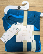 M&S Kids Soft Warm Fleece Blue Dinosaur Pyjamas PJs Pyjama Set Age 5 - 6 years