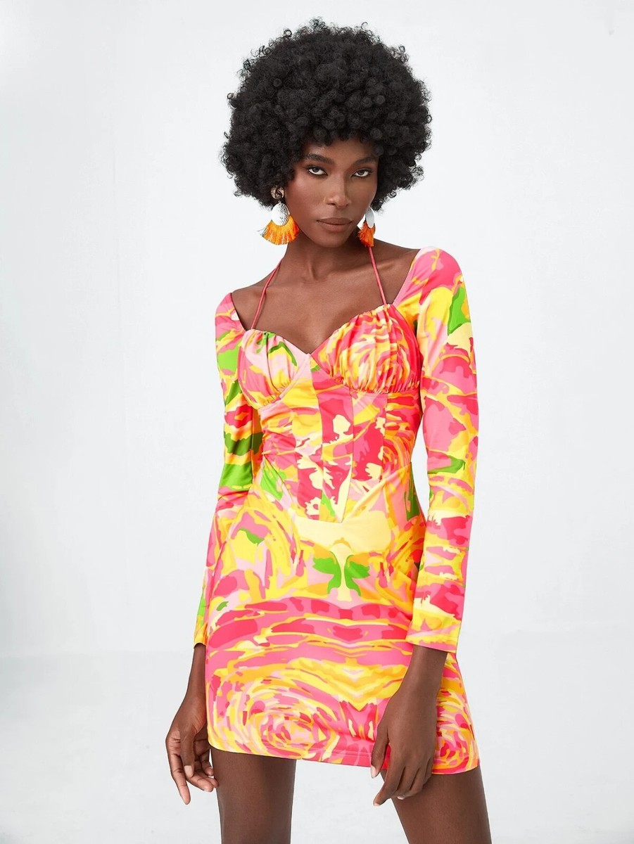 ruched bust bodycon dress X Eva Novielli💗Vivid Floral Print Ruched Bust Tie Neck Bodycon Dress💗Sz L
