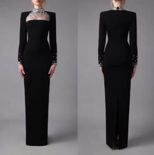 Elegant Mermaid Evening Dress Crystal High Neck Long Sleeve Prom Gowns Split