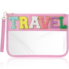 Chenille Letter Clear Flat Makeup Pouch for Travel, Cute Cosmetic Basg with Z...