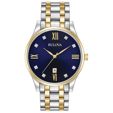 Reloj de cuarzo Bulova Diamond Series clásico 98D130 esfera azul y dos tonos para hombre