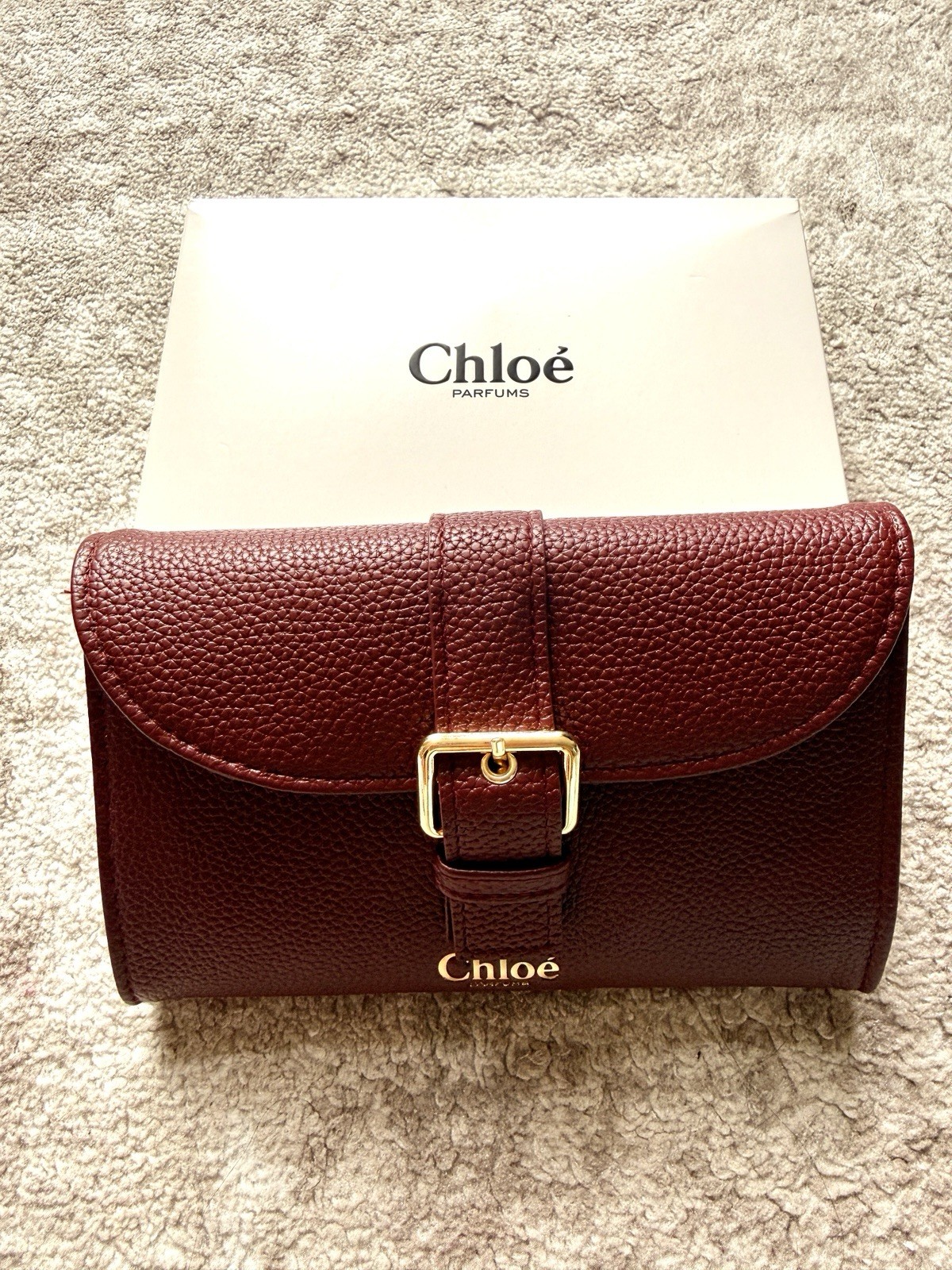 Chloe Burgundy Cosmetic Parfums Leather Wallet Clutch with Gold Buckle