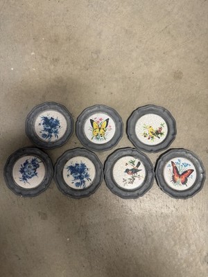 Set of 7 Antique Hand Painted German Porcelain Coasters Wall Decor Pewter Trim