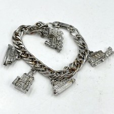 VTG Silver Tone Travel Charm Bracelet Steam Train Castle Trolley Travel Themed