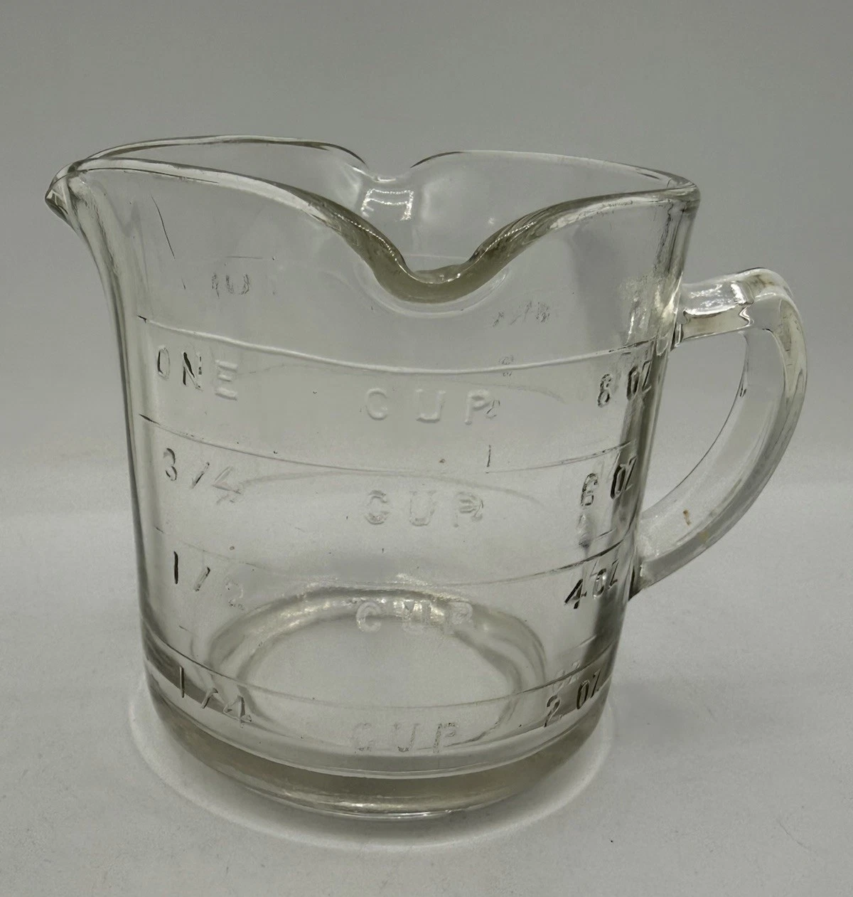 1 Cup Glass Measuring Cup Vtg Unbranded Embossed 3 Spout D Handle 1940-1950 READ