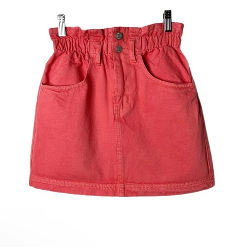 Forever 21 Women's Jean Mini Skirt S Coral Pink Paperbag Elastic Waist Denim NWT - Picture 2 of 8