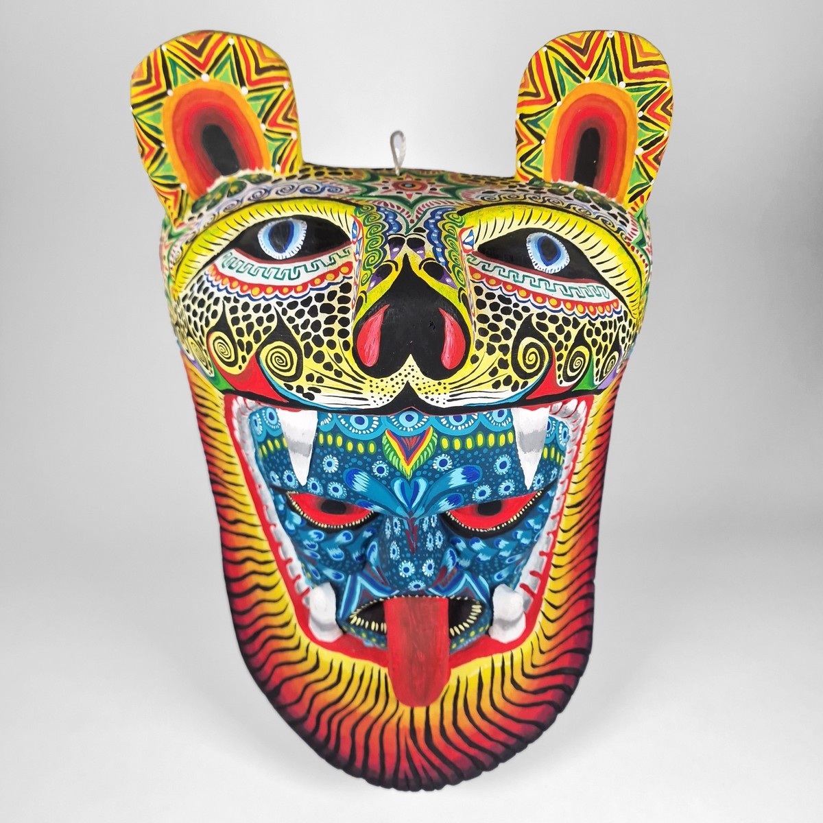 ご確認用　木製　木彫り　猿　マスク　お面南米　メキシコ　壁掛け　カラフル　手描き Mexican Carved Jaguar Shaman Wall Mask Large Folk Art Hand Carved