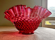 Vintage Fenton Art Glass Cranberry Opalescent Hobnail Ruffled Crimped Bowl