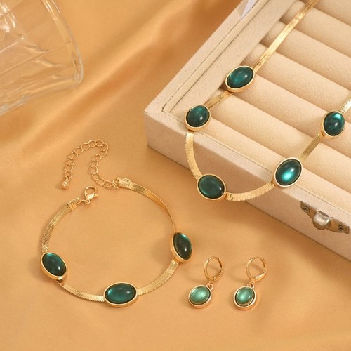 4Pcs Vintage Green Rhinestone Jewelry Set Choker Crystal Jewelry Suit Party - Picture 3 of 12