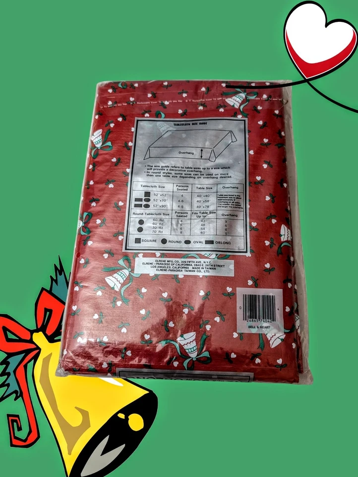 HOLIDAY Bells Hearts CHRISTMAS Flannel Back Vinyl Tablecloth 52x90" Red & Green - Image 2 of 4