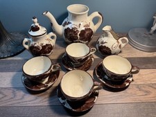 Pottery Tea Set Handmade 11 Pieces 1 lid Brown Flower Design Unsigned