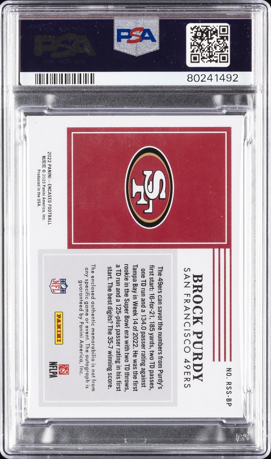 2022 PANINI ENCASED ROOKIE DUAL SWATCH SIGNATURES BROCK PURDY ROOKIE /50 PSA 10 view 2