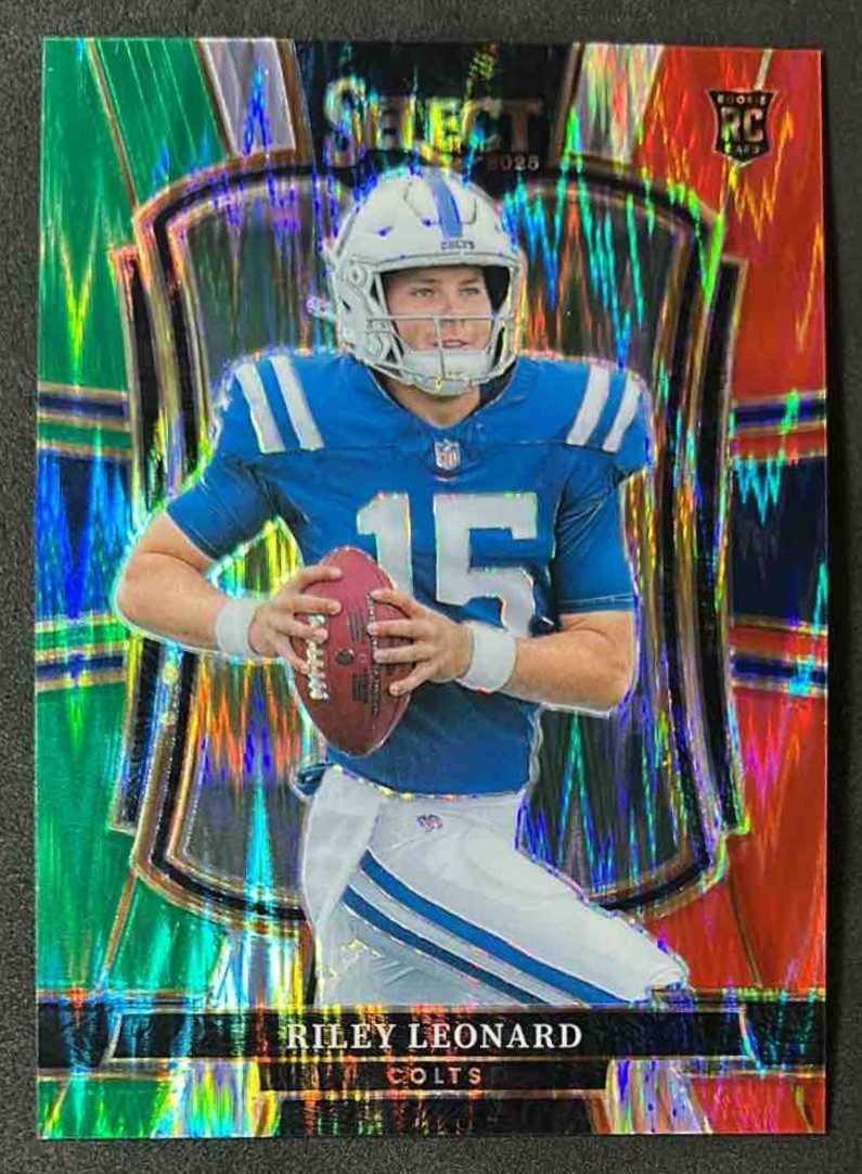 2025 Panini Select Riley Leonard Premier Level Green and Red Prizm Shock #133 RC
