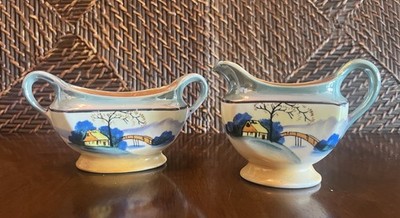 Vintage Lusterware Hand Painted Florals Swallows Sugar Bowl & Creamer Set No lid