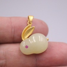 Gold Plated Real 925 Sterling Silver Natural Nephrite Jade Lovely Rabbit Pendant