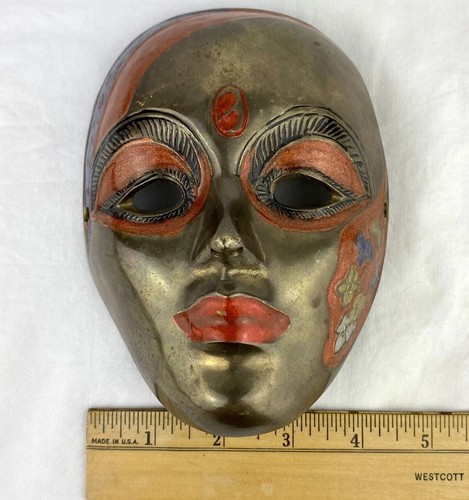 Vintage Solid Brass Enamel Mardi Gras Face Mask Wall Hanger Shelf Decor India - Picture 10 of 10