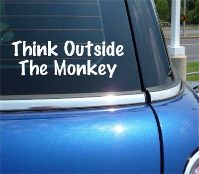 THINK OUTSIDE THE MONKEY DECAL STICKER FUNNY ATHEIST EVOLUTION CAR TRUCK