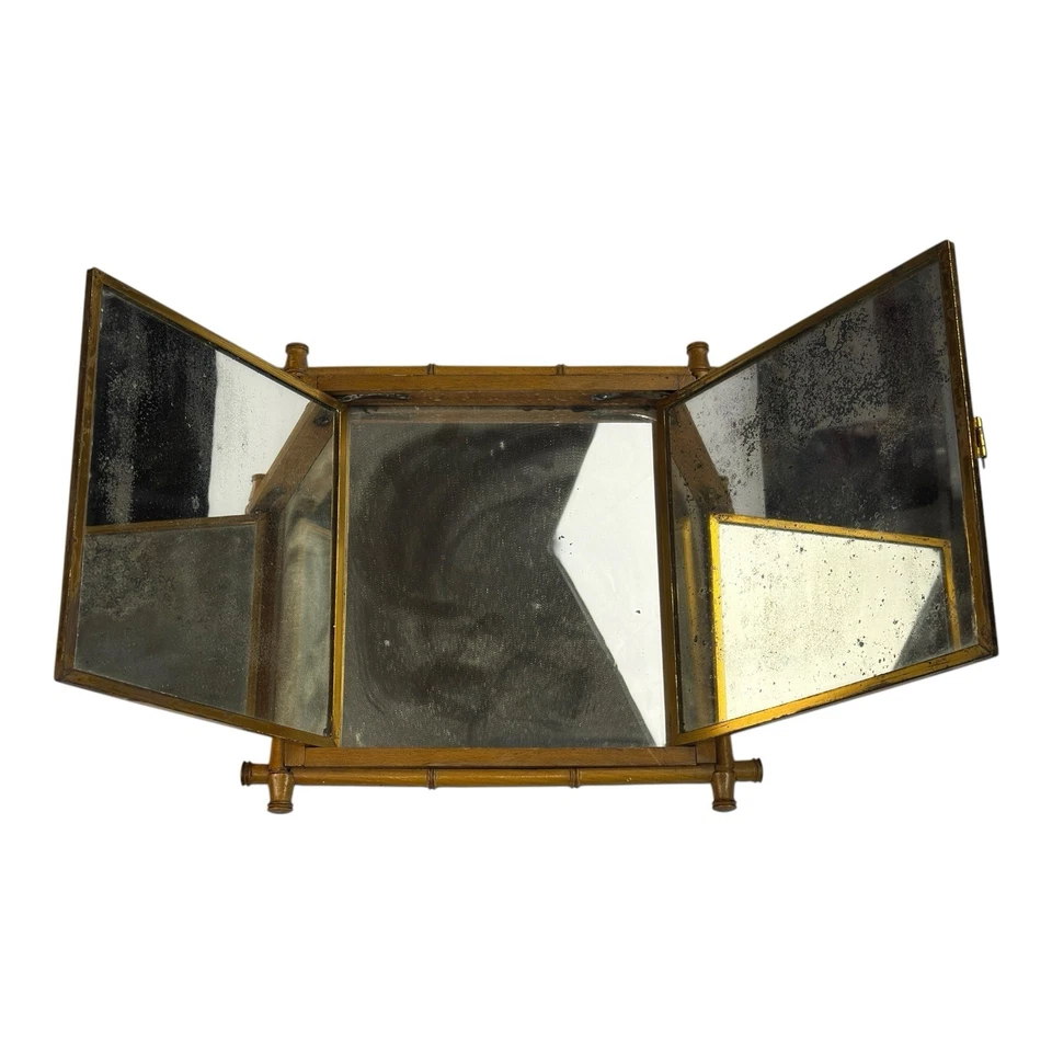 Antiguo espejo plegable tríptico Brevete francés sintético bambú con diseño chino Foto 2 de 4