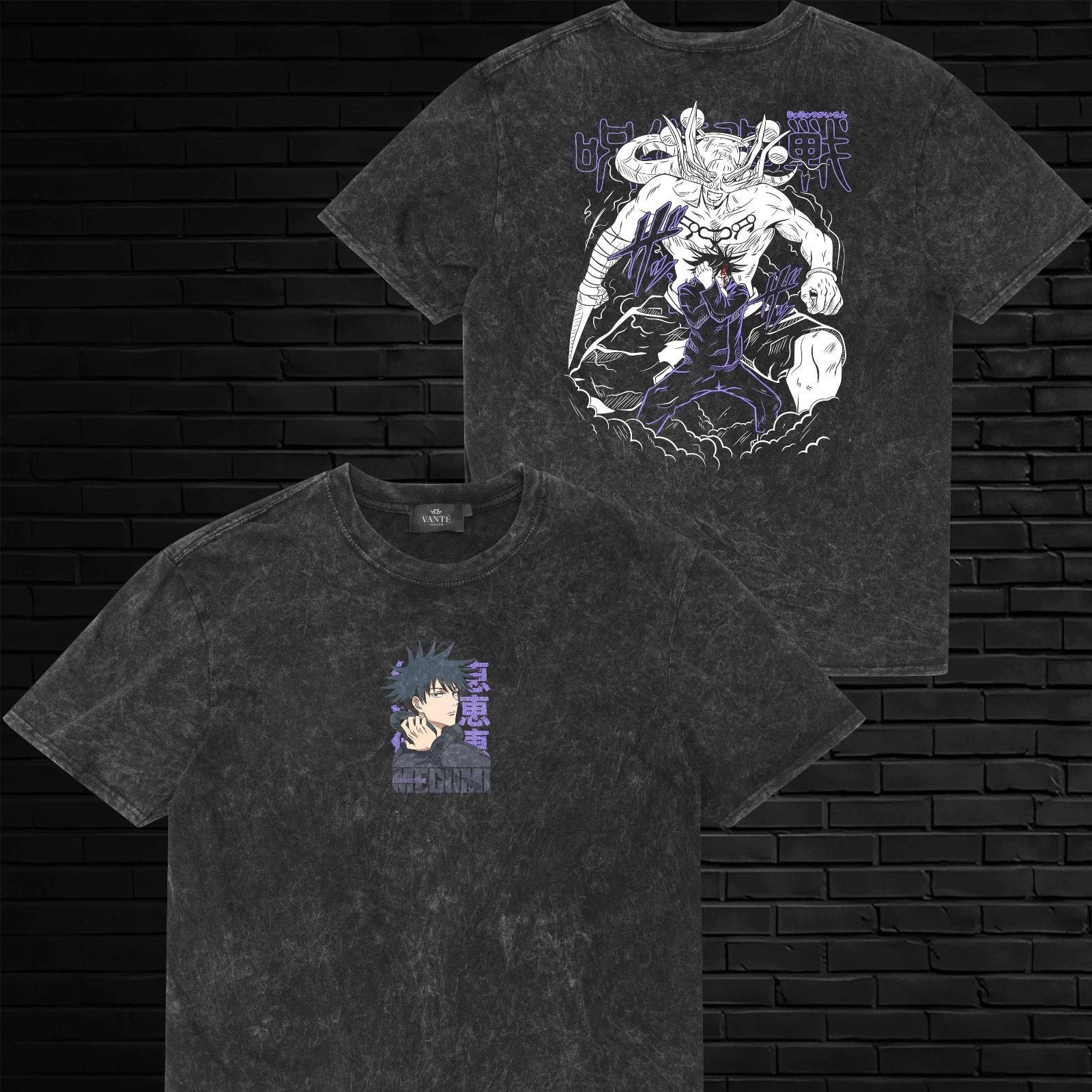 Megumi Mahoraga JJK Acid Wash Graphic Tee Shirt Getsuga Men’s Top
