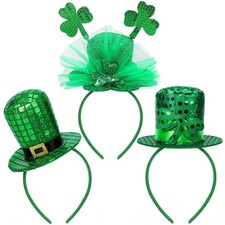 3Pcs St Patricks Day Headband, Green Shamrock Leprechaun Hat Hair Accessories Se