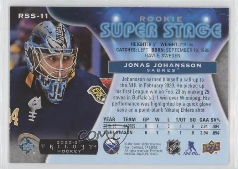 2020-21 Upper Deck Trilogy Rookie Super Stage Jonas Johansson #RSS-11 RC - Image 2 of 2