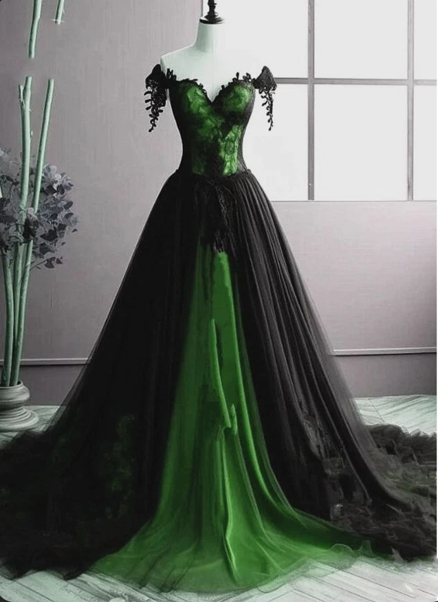 Vestidos de novia vintage negros y verdes línea A apliques de encaje de tul vestidos de novia Foto 2 de 4