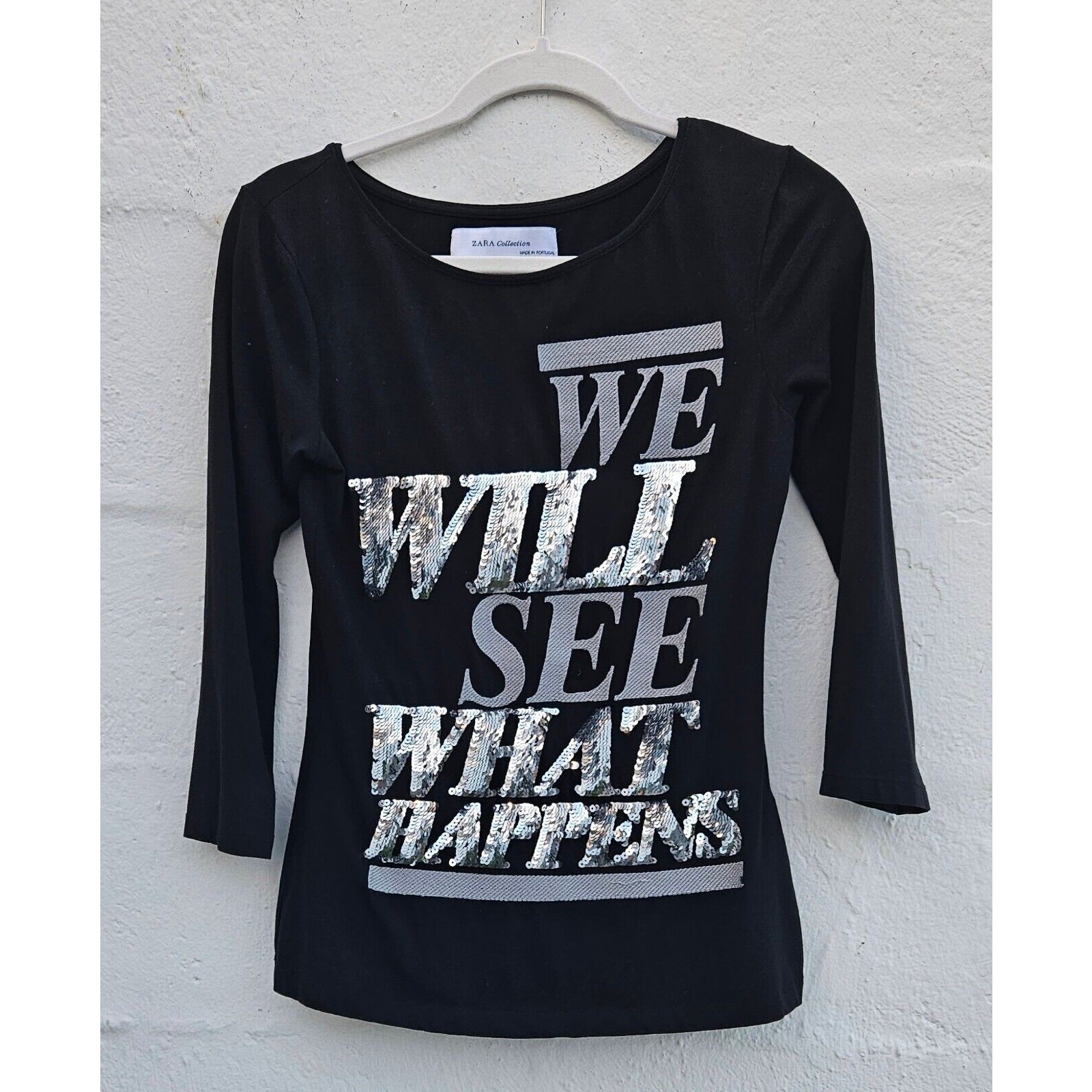 ZARA 자라 티셔츠 여성 미디엄 블랙 실버 스팽글 스파클리 We Will See What Happens