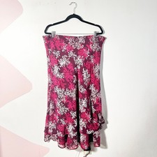 Vtg Y2k 2000s Midi Skirt Size Large Pink Floral Ruffles Asymmetrical Fairy