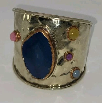 Bracelet Manchette Vintage Argenté Martelé Pierres Cabochons Agate Bleue #AK33 - Photo 1/4