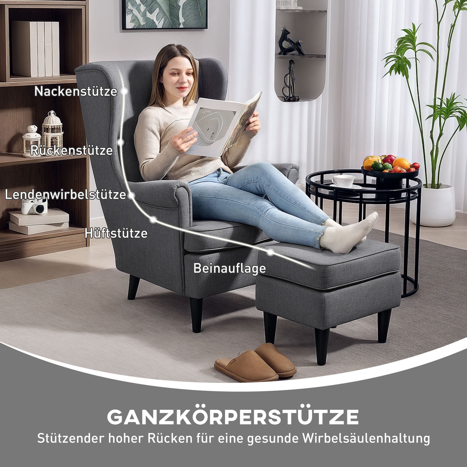 Ohrensessel mit Hocker Sessel mit Leinenoptik, Lendenkissen für Wohnzimmer Grau