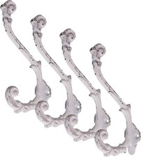 Vintage Cast Iron Wall Hooks Antique White Finish, Set of 4 - Rustic,
