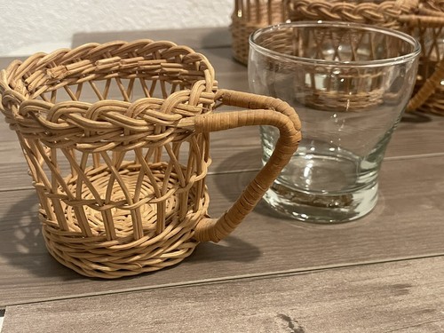 Vintage Rattan Wicker Juice Pitcher & Glasses Set Woven Handle 10 Piece Boho MCM - Picture 9 of 10