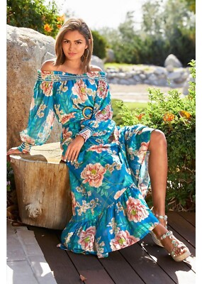BOSTON PROPER SZ M BLUE FLORAL OFF THE SHOULDER PEASANT MAXI DRESS