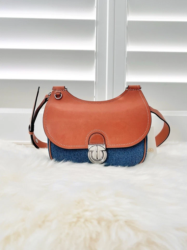 NWT Tory Burch James Small Tan and Denim Saddle crossbody Bag $548 Authentic - Image 2 of 4