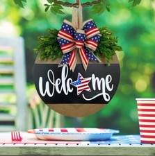 Door Hanger Welcome Wreath Wood Memorial Day or 4TH of July 11.8 inche Beautiful